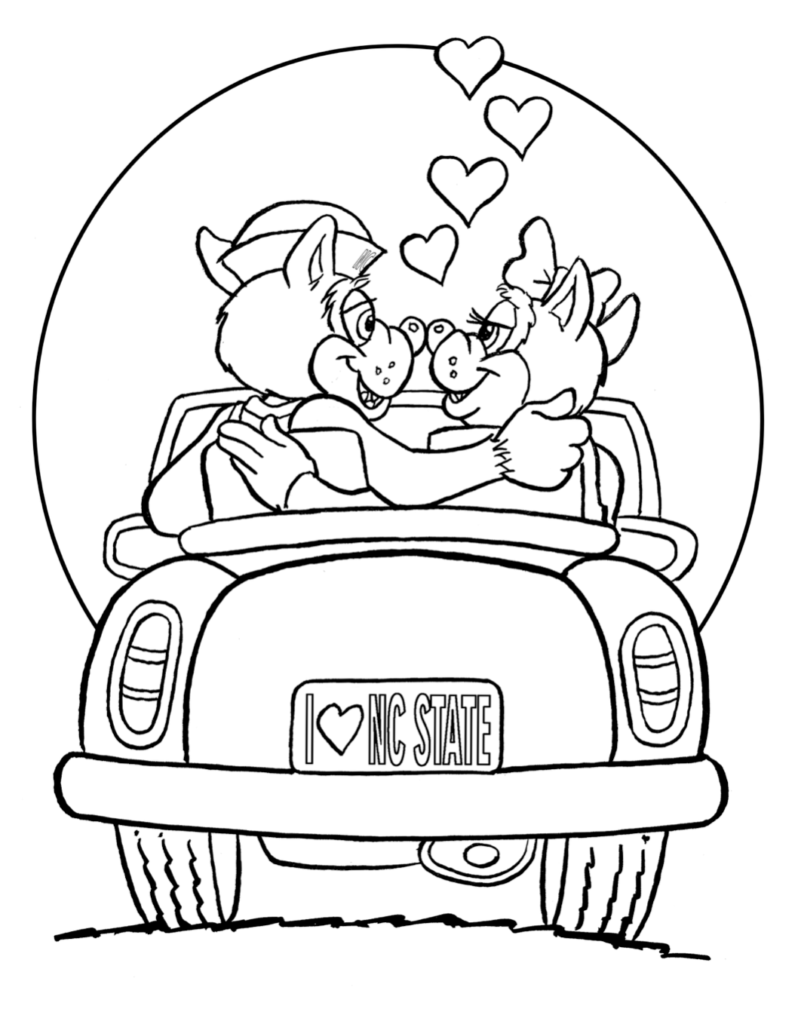 Coloring page of Mr. and Ms. Wuf in a car on Valentine's Day.