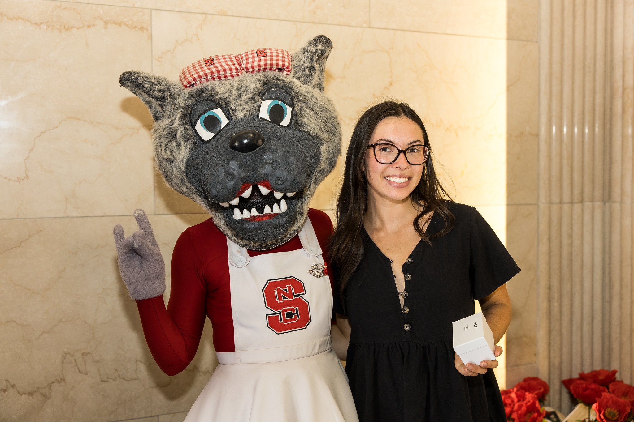 Student with Mrs. Wuf at the Belltower