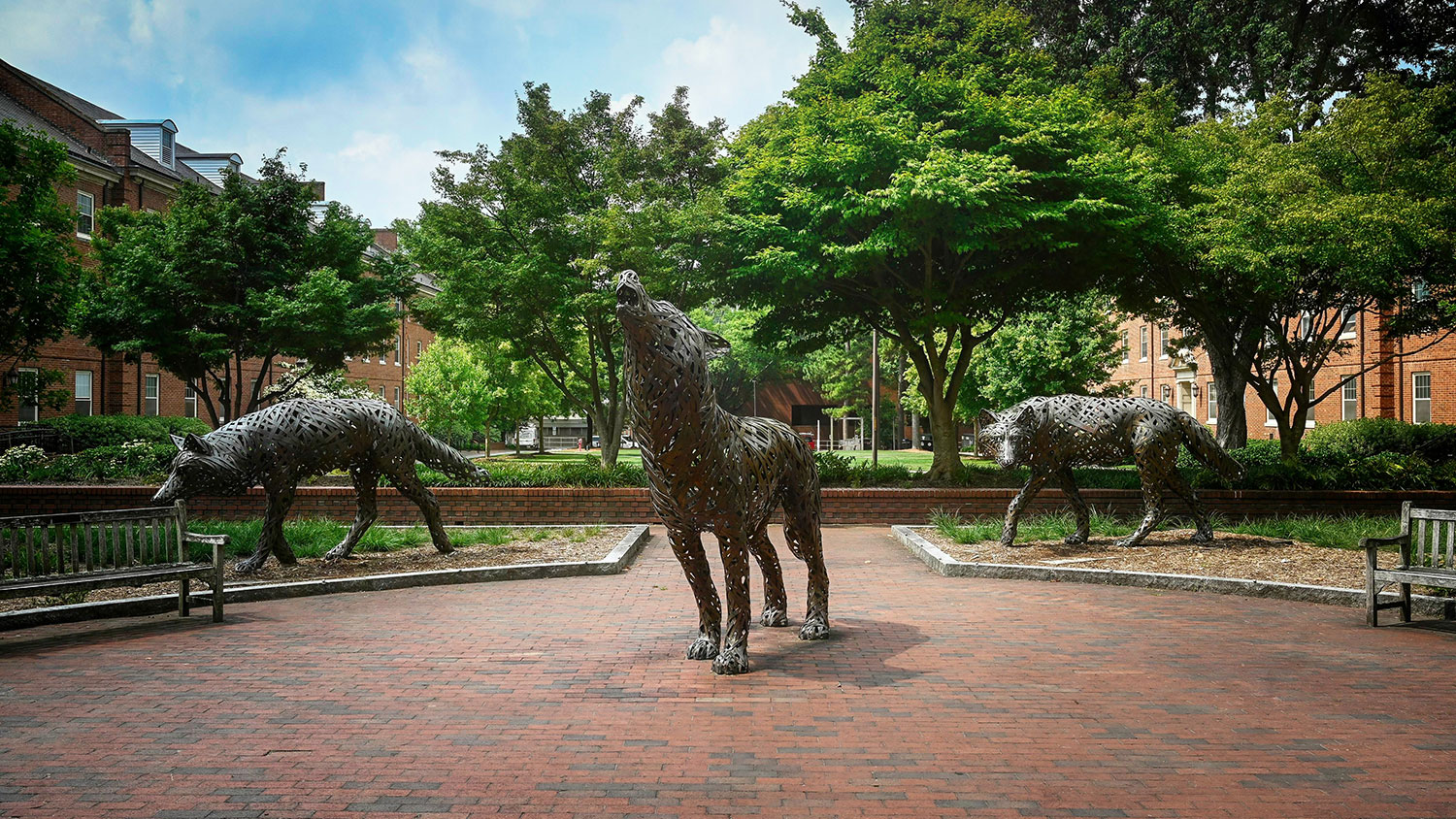 The copper wolves at Wolf Plaza near Talley Student Union on NC State's campus.