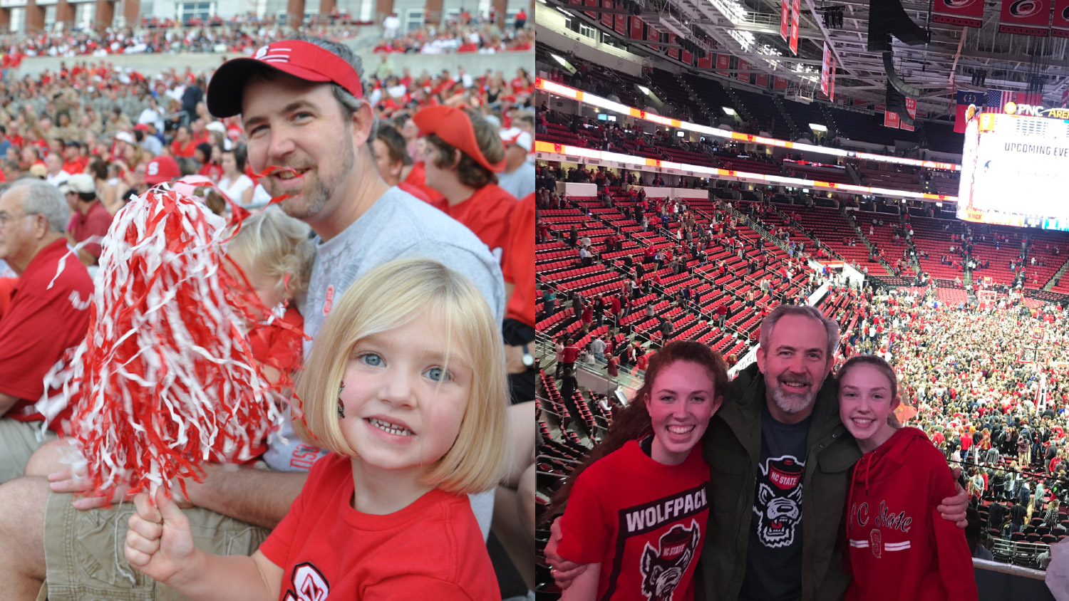 A collage-style photo shows two images of NC State student Summer Carson with her dad, an NC State alumni, at two different moments in their lives.
