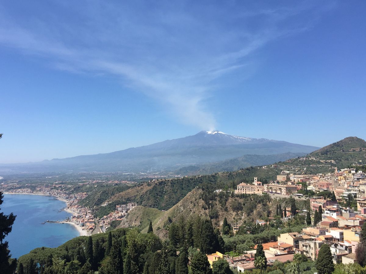 Taormina with Mount Vesuvius in the background