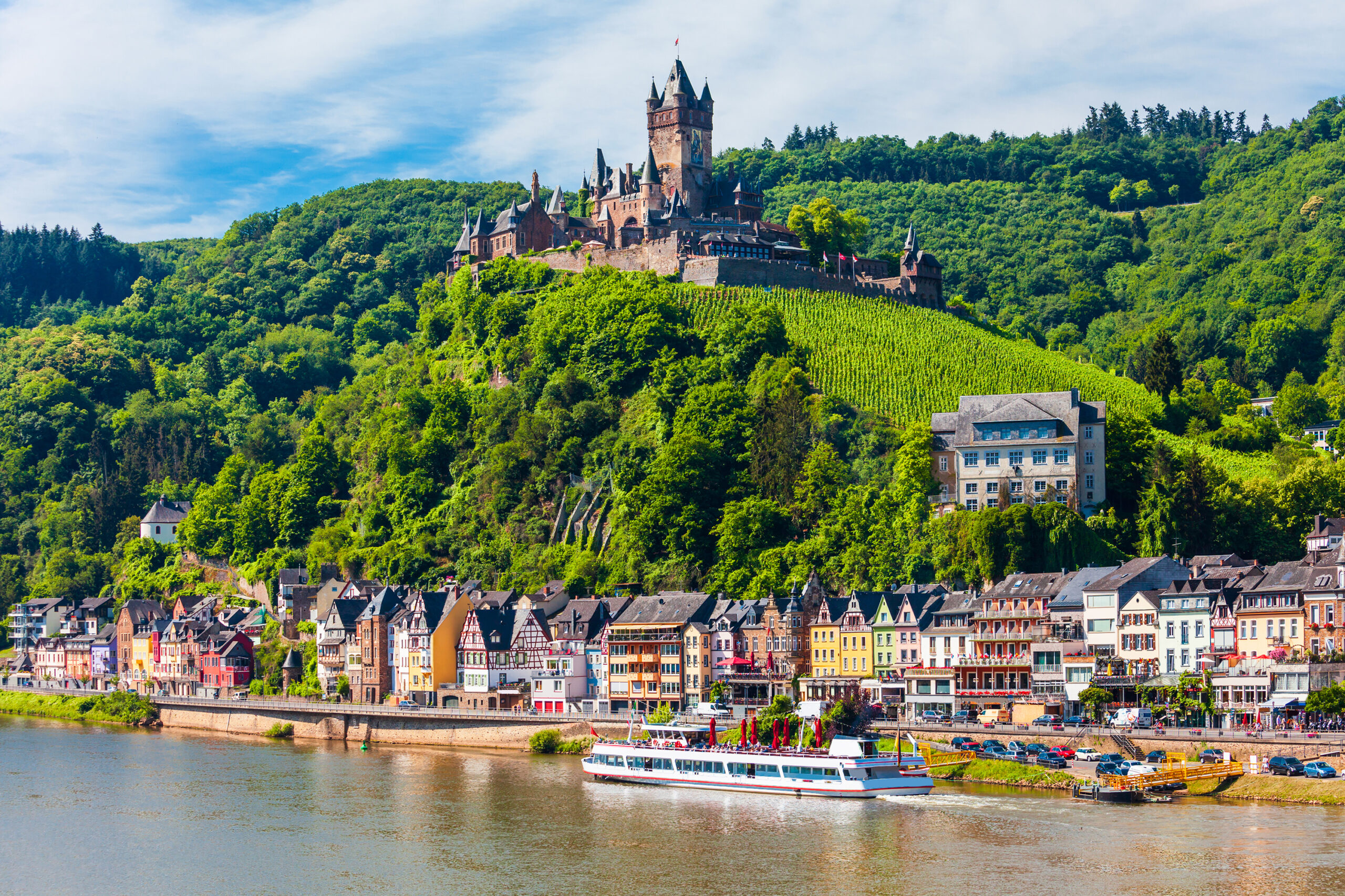 Reichsburg Castle aerial panoramic view in Cochem in Moselle valley, Germany