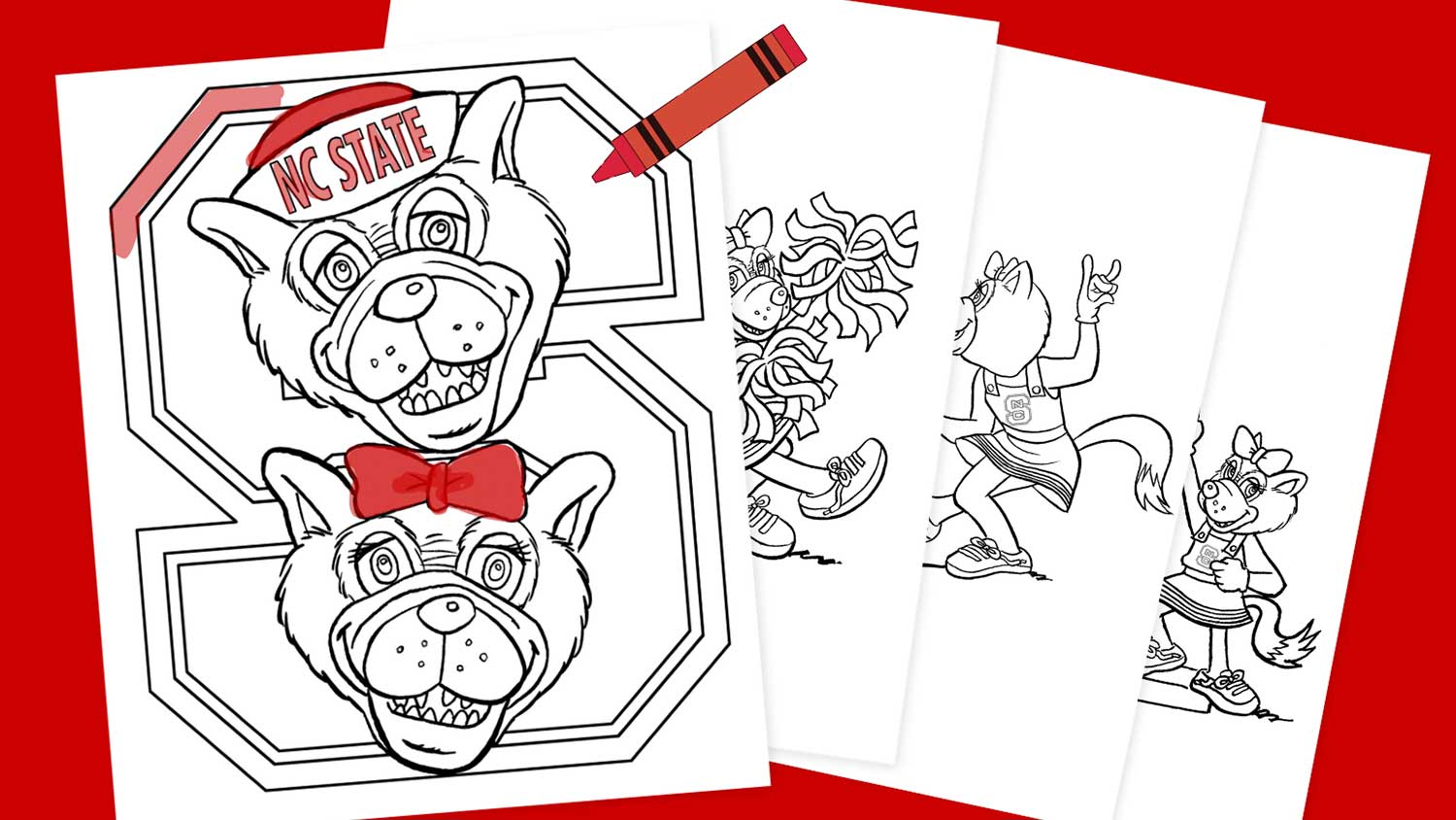 An assortment of Wolfpack coloring pages from the NC State 2024 Wolfpack Family Party Pack.