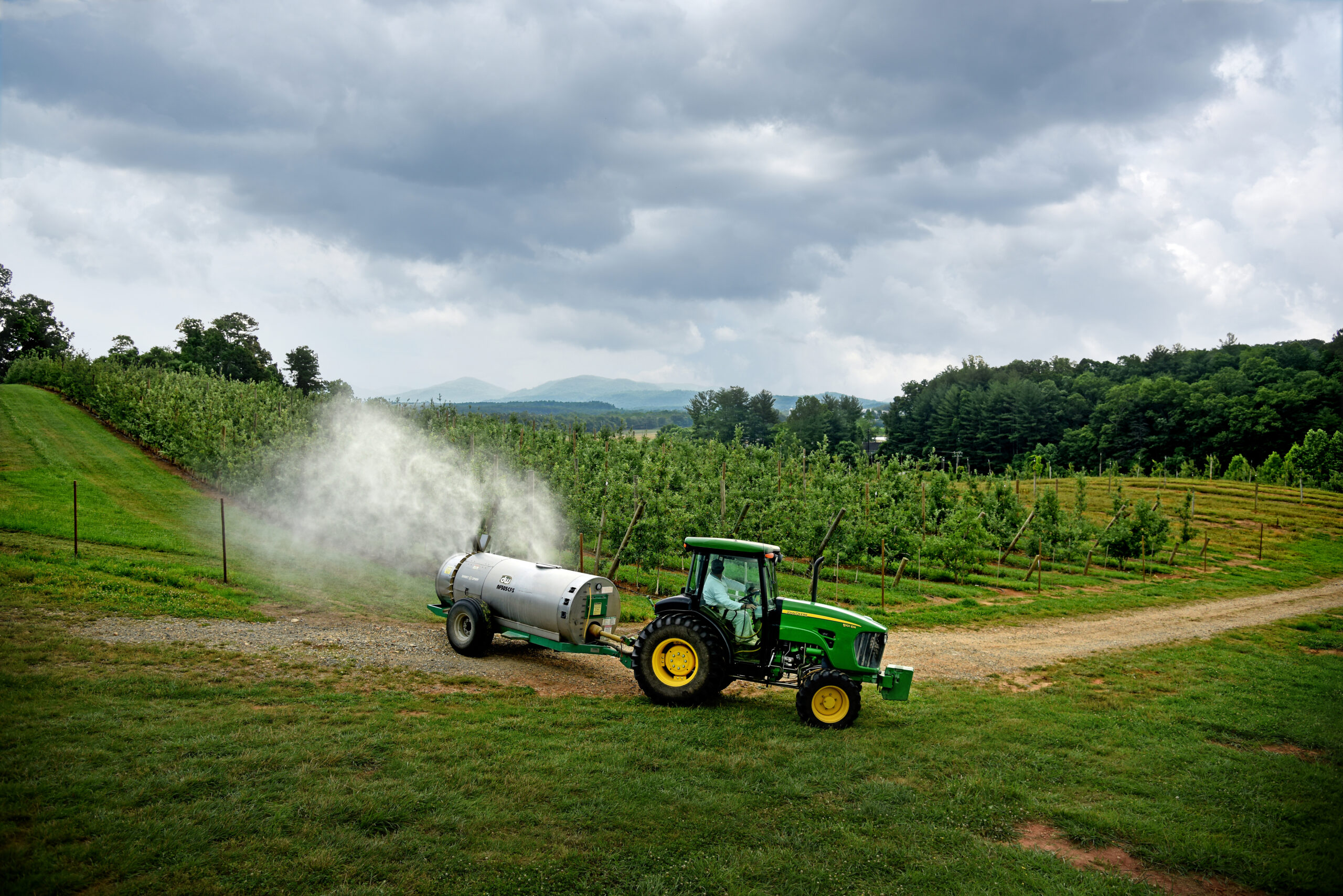 Farmer spraying apple trees